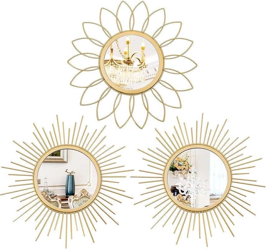 3-Pack Metal Sunburst Wall Mirrors, Gold Decorative Hanging Accent Art