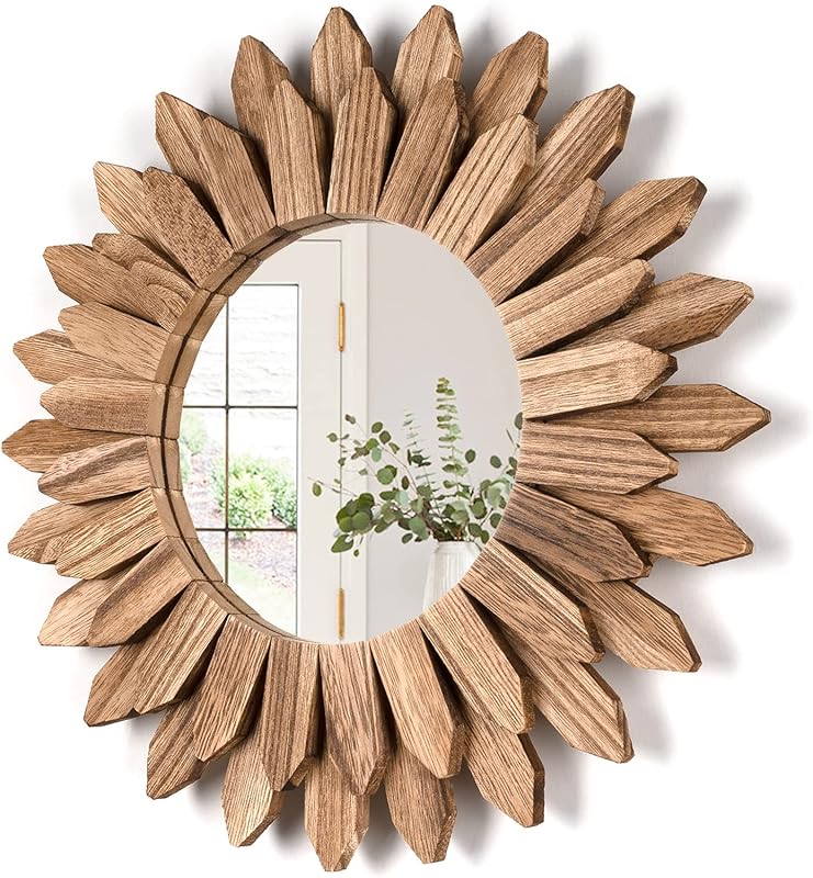 Honiway 12-Inch Rustic Wood Sunburst Wall Mirror, Boho Decorative Acce