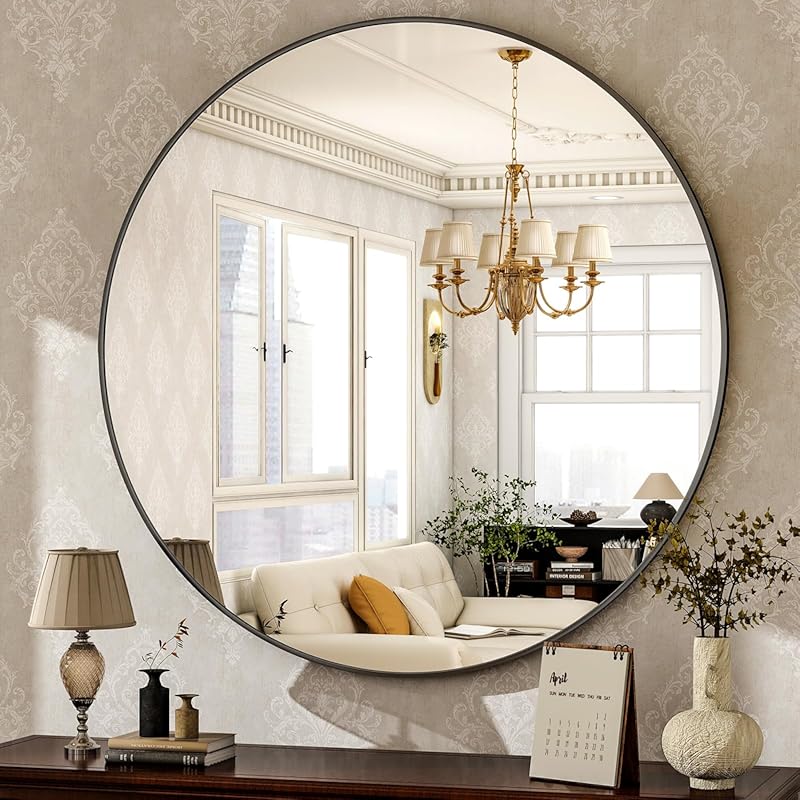 HARRITPURE 30-Inch Round Black Wall Mirror with Brushed Aluminum Frame