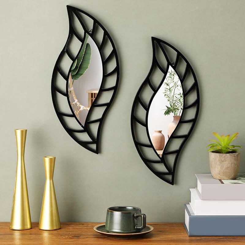Roowest 2-Piece Leaf Teardrop Decorative Wall Mirrors, Black Modern Ac