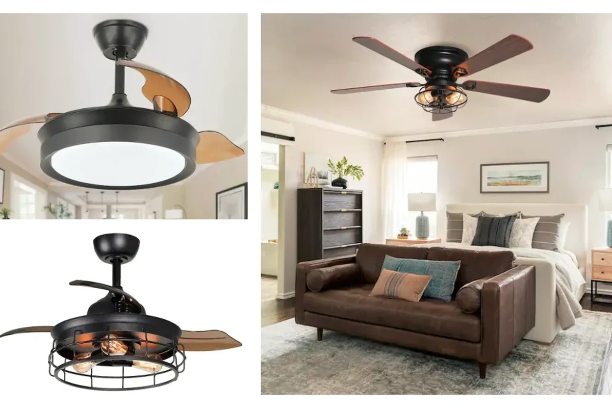 Modern Home Depot ceiling fan in a bright living room with a light kit