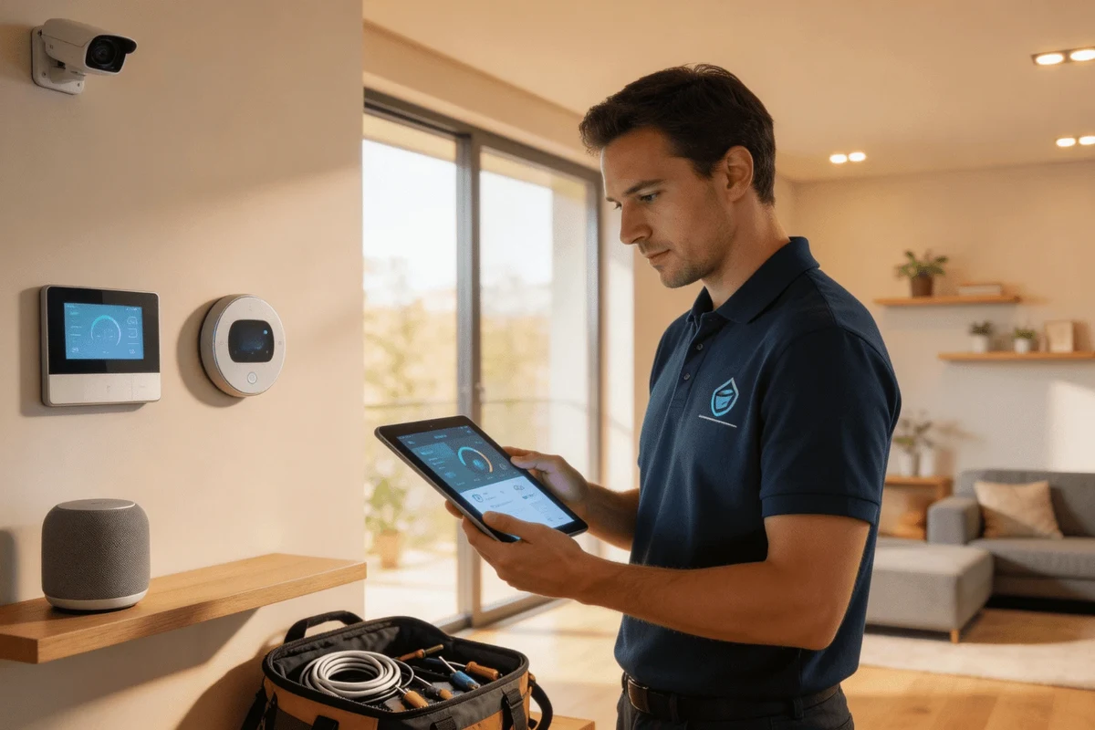 Modern home interior with smart lighting, thermostat, and security devices in a connected setup