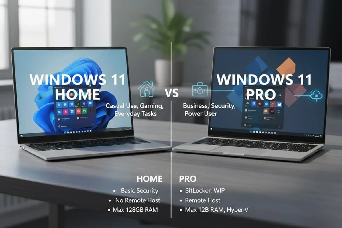 Laptop comparison showing Windows 11 Home and Pro for home and work use